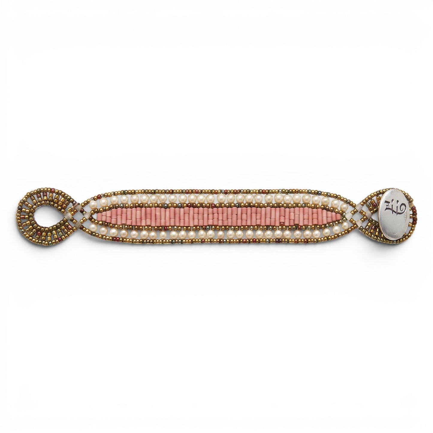 Trebor Style Ziio Dami cuff bracelet featuring pink howlite beads, white seed pearls, and a sterling silver button clasp.