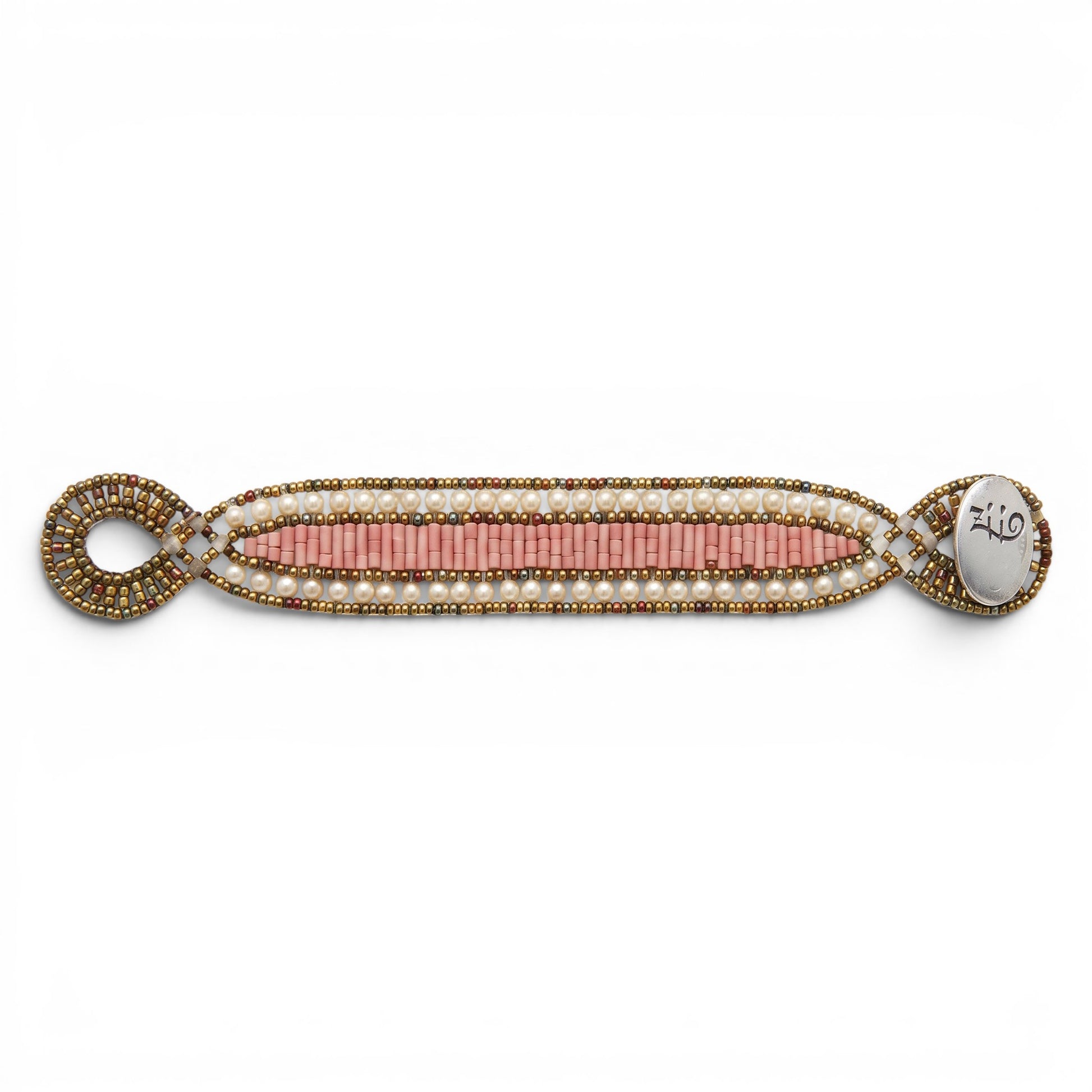 Trebor Style Ziio Dami cuff bracelet featuring pink howlite beads, white seed pearls, and a sterling silver button clasp.