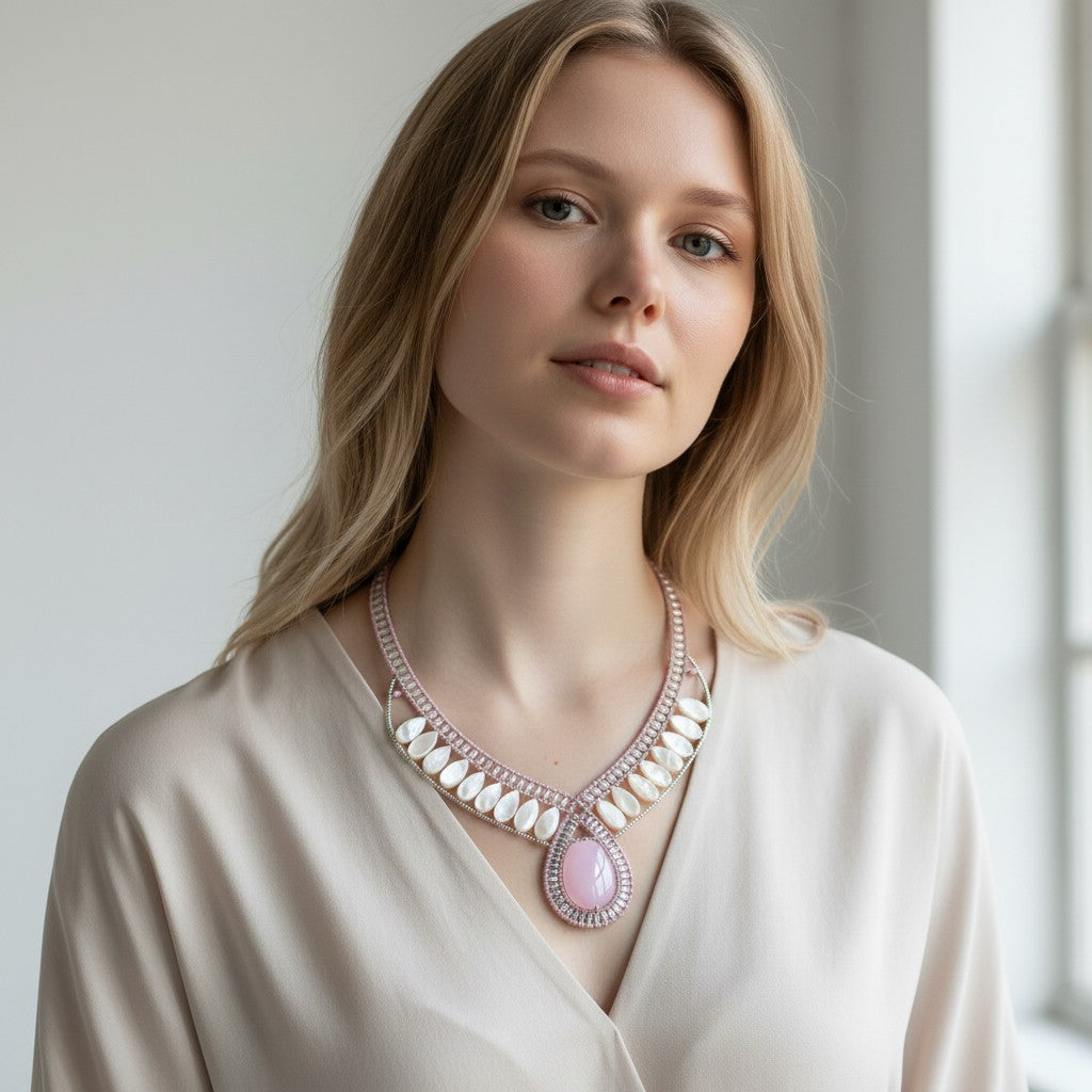 Trebor Style Ziio necklace featuring a pink rhodochrosite cabochon, white mother of pearl, and Murano glass beads.