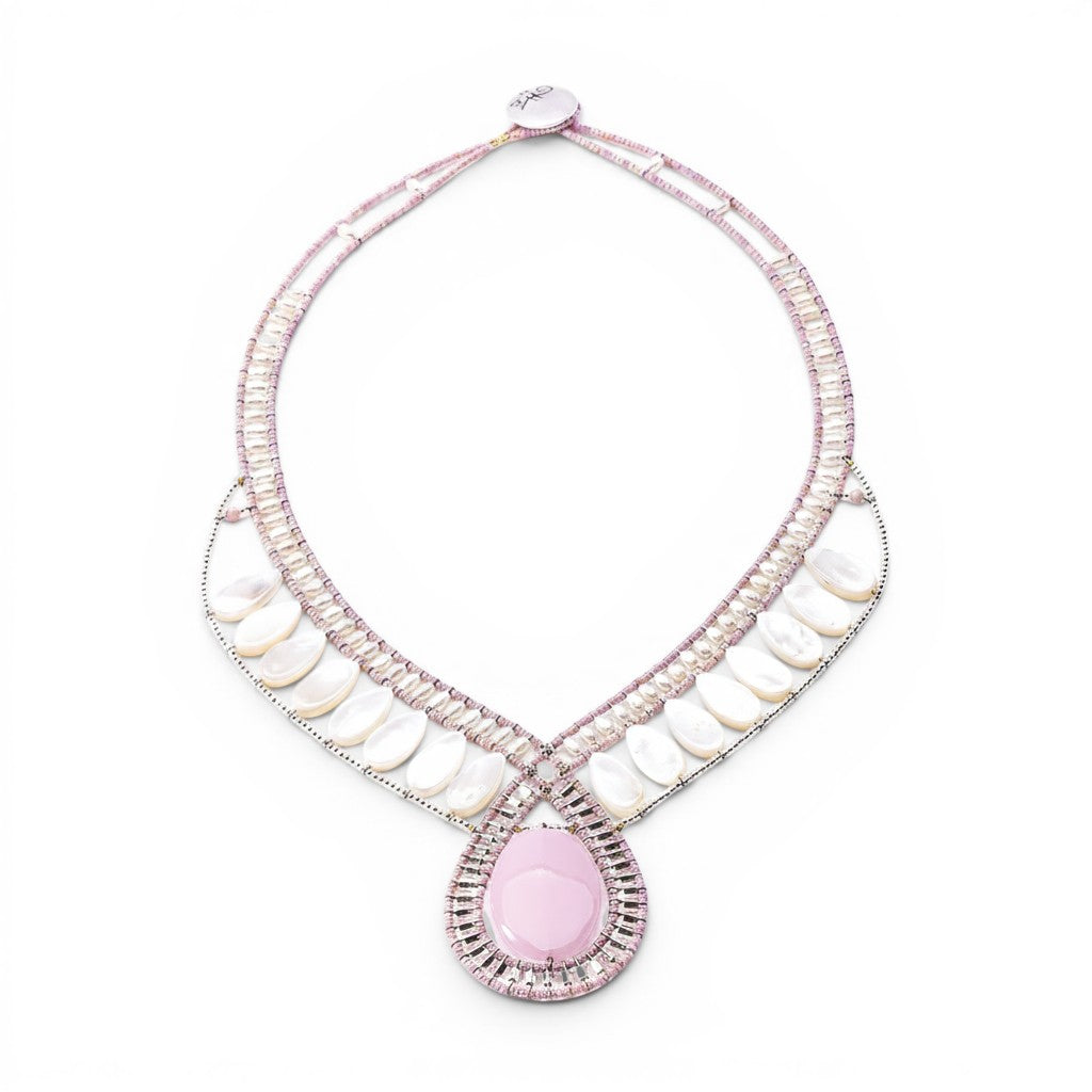 Trebor Style Ziio statement necklace featuring a pink rhodochrosite cabochon, mother of pearl, and Murano glass beads.