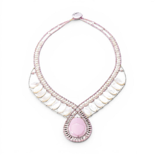 Trebor Style Ziio statement necklace featuring a pink rhodochrosite cabochon, mother of pearl, and Murano glass beads.