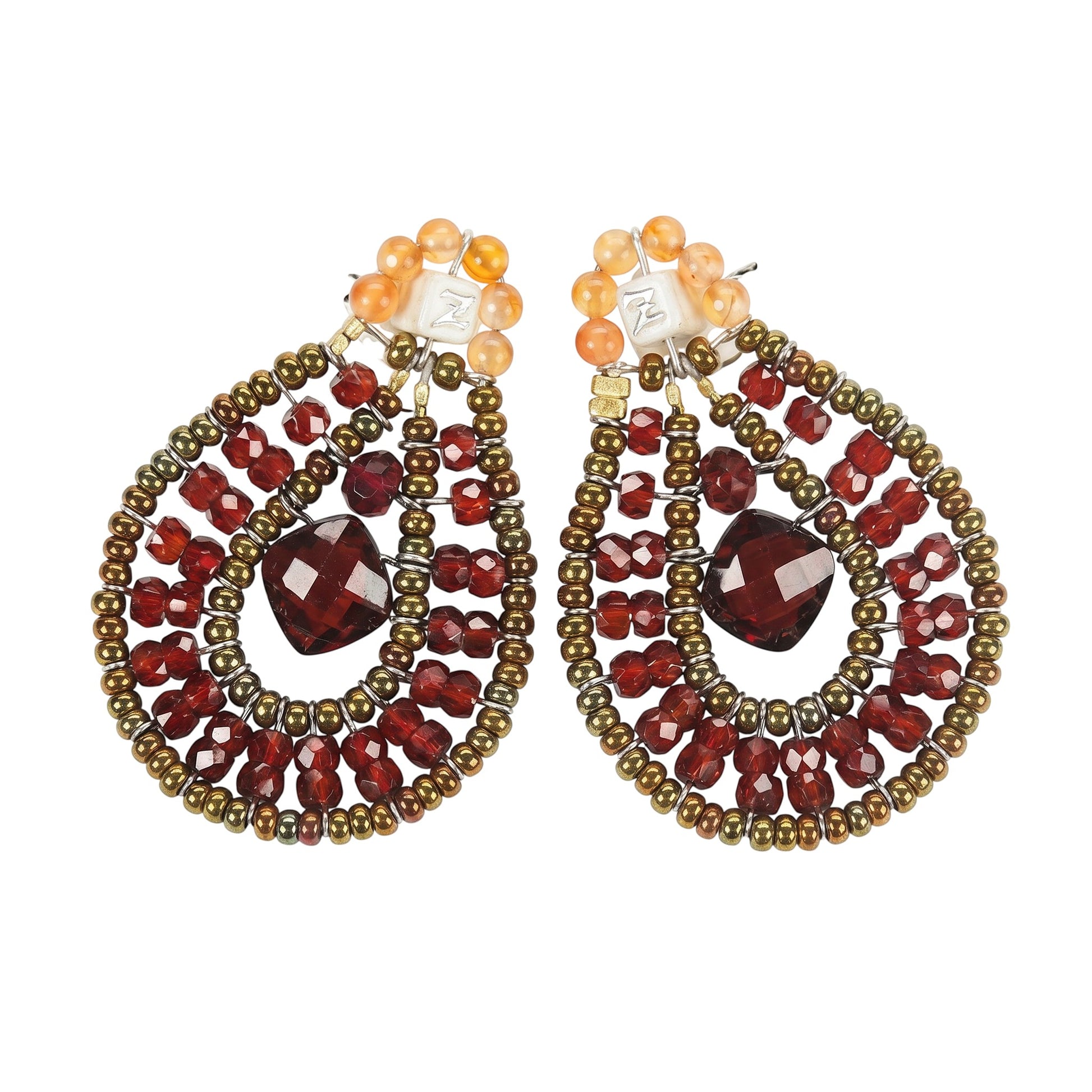 Trebor Style Ziio Tabiz collection drop earrings featuring red garnet, zircon, and Murano glass beads on wire.