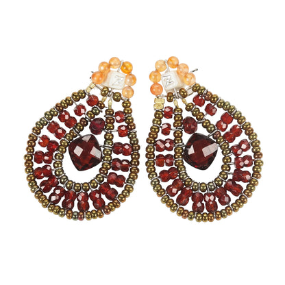 Trebor Style Ziio Tabiz collection drop earrings featuring red garnet, zircon, and Murano glass beads on wire.