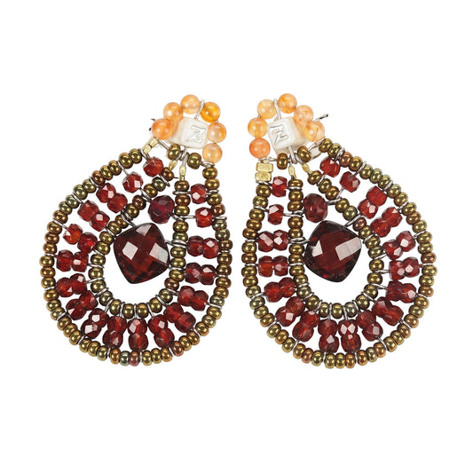 Trebor Style Ziio Tabiz collection drop earrings featuring red garnet, zircon, and Murano glass beads on wire.