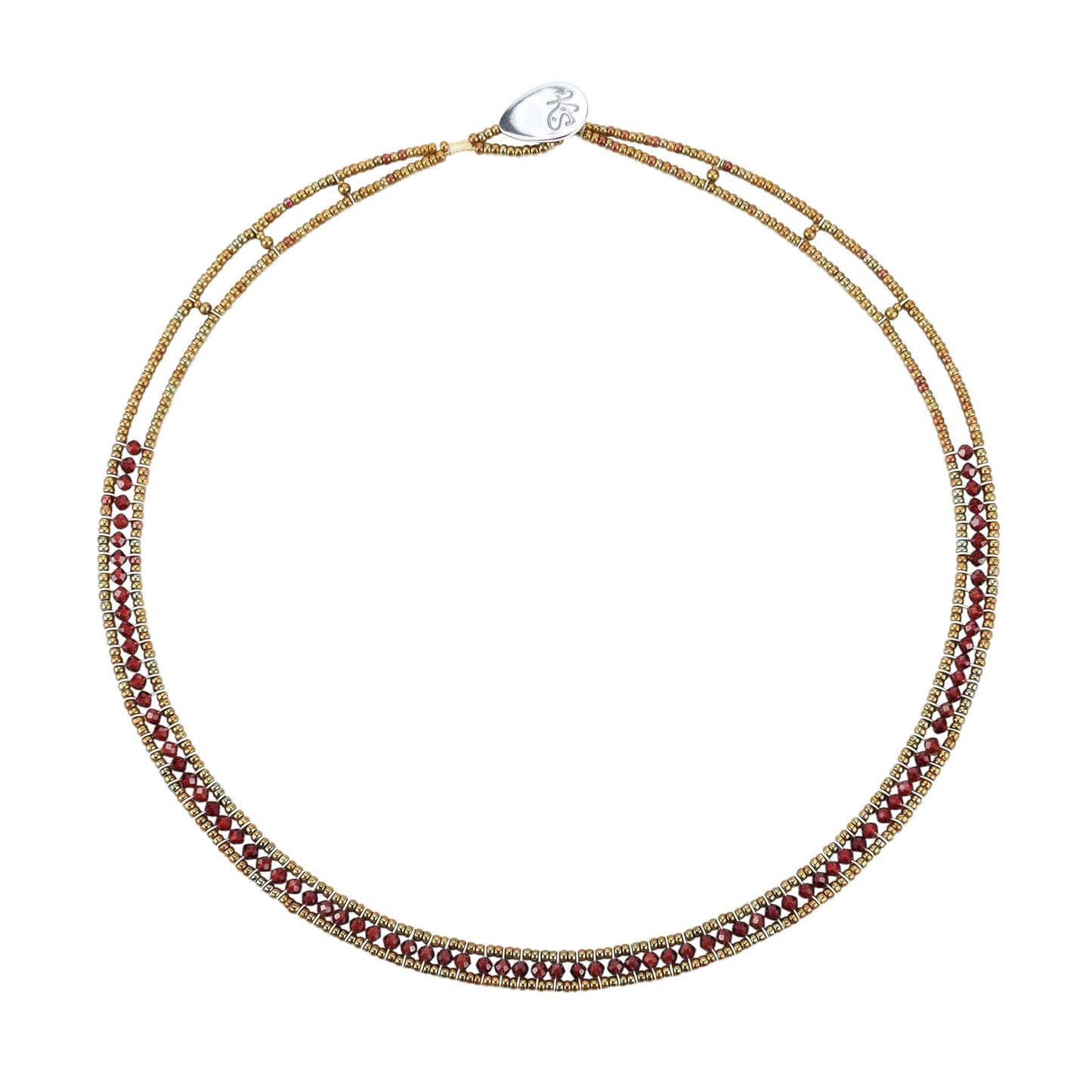 Trebor Style Ziio narrow Giro necklace featuring sparkling red zircon gemstones, Murano glass beads, and silver closure.