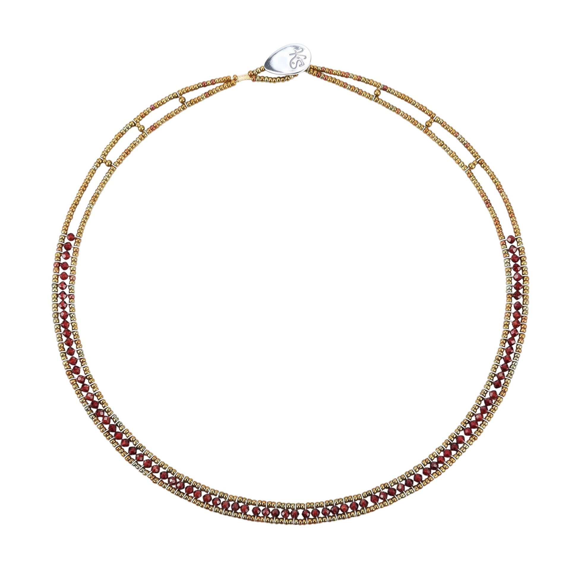 Trebor Style Ziio narrow Giro necklace featuring sparkling red zircon gemstones and Murano glass beads on stainless wire.