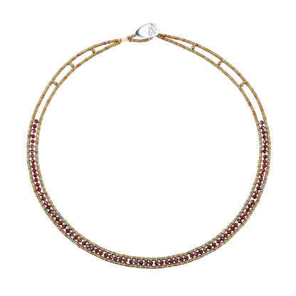 Trebor Style Ziio narrow Giro necklace featuring sparkling red zircon gemstones and Murano glass beads on stainless wire.