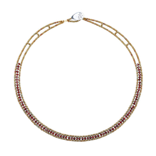 Trebor Style Ziio narrow Giro necklace featuring sparkling red zircon gemstones and Murano glass beads on stainless wire.