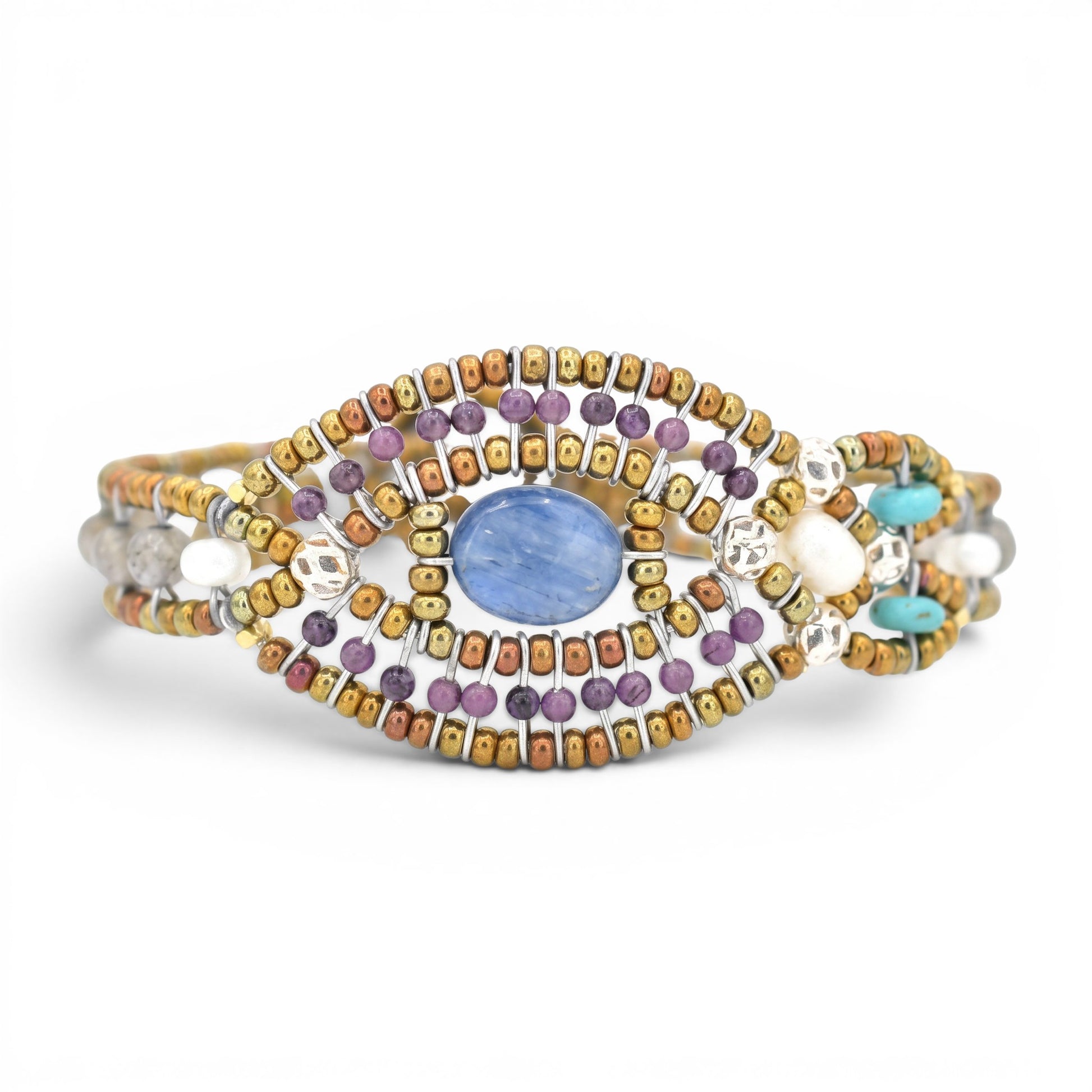 Trebor Style Ziio Rha bracelet featuring a blue kyanite center, purple amethyst, turquoise, and Murano glass beads.