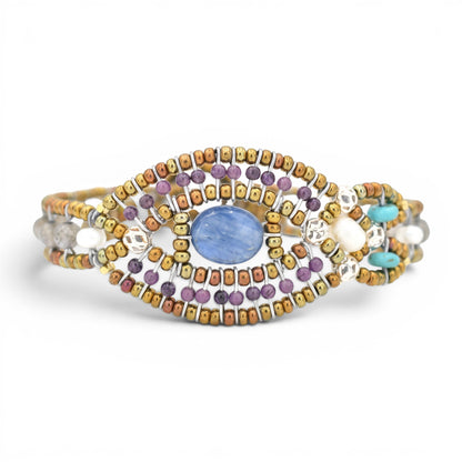 Trebor Style Ziio Rha bracelet featuring a blue kyanite center, purple amethyst, turquoise, and Murano glass beads.