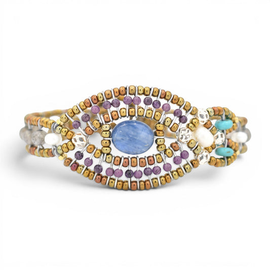Trebor Style Ziio Rha bracelet featuring a blue kyanite center, purple amethyst, turquoise, and Murano glass beads.