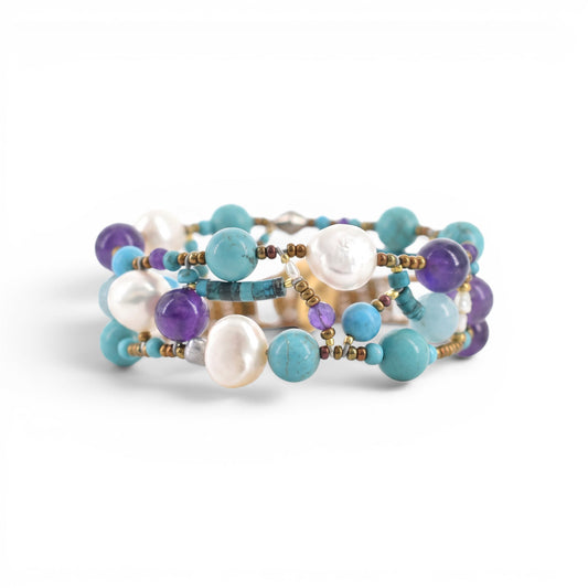 Trebor Style Ziio Shinju cuff bracelet featuring turquoise, amethyst, and white pearls on stainless steel wire.