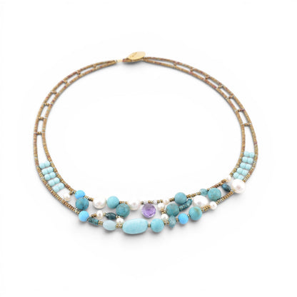 Trebor Style Ziio Shinju necklace featuring turquoise, amazonite, amethyst, and pearls on gold Murano glass bead wire.