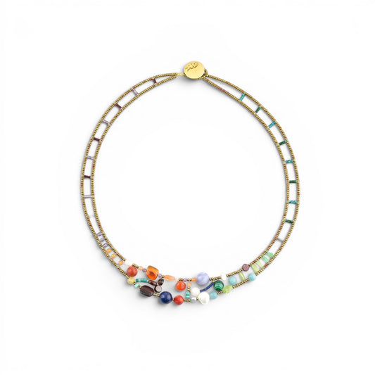 Trebor Style Ziio Shinju multi-color gemstone necklace with Murano glass beads and gold plated button closure.