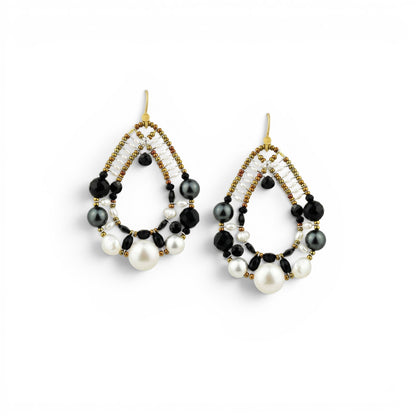 Trebor Style Ziio Shinju chandelier earrings featuring black onyx, spinel, tourmaline, and pearls on gold Murano beads.