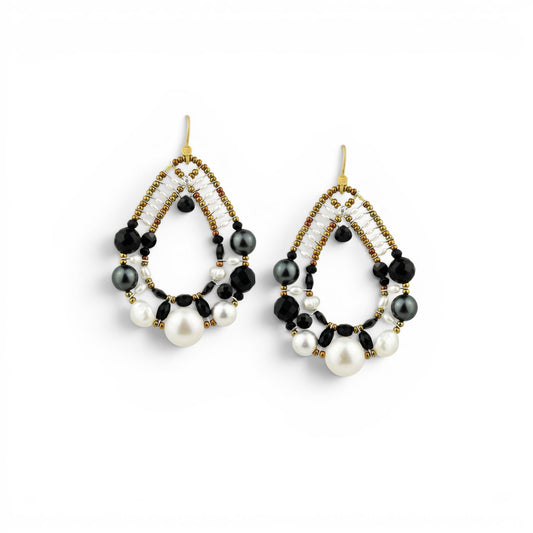Trebor Style Ziio Shinju chandelier earrings featuring black onyx, spinel, tourmaline, and pearls on gold Murano beads.