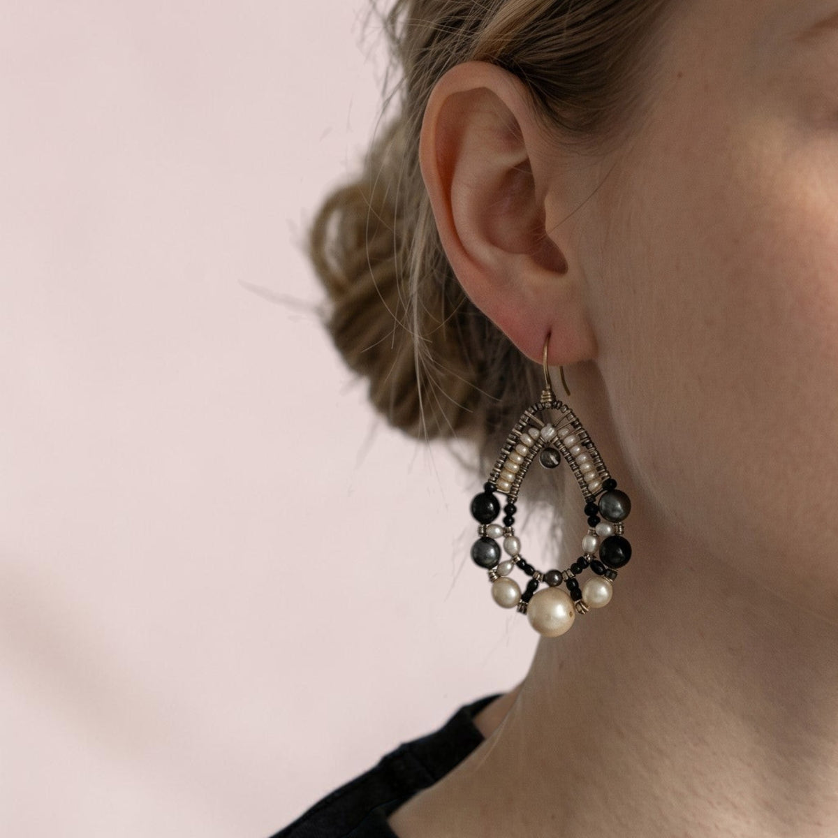 Trebor Style Ziio Shinju chandelier earrings featuring black onyx, spinel, tourmaline, and pearls on gold glass beads.