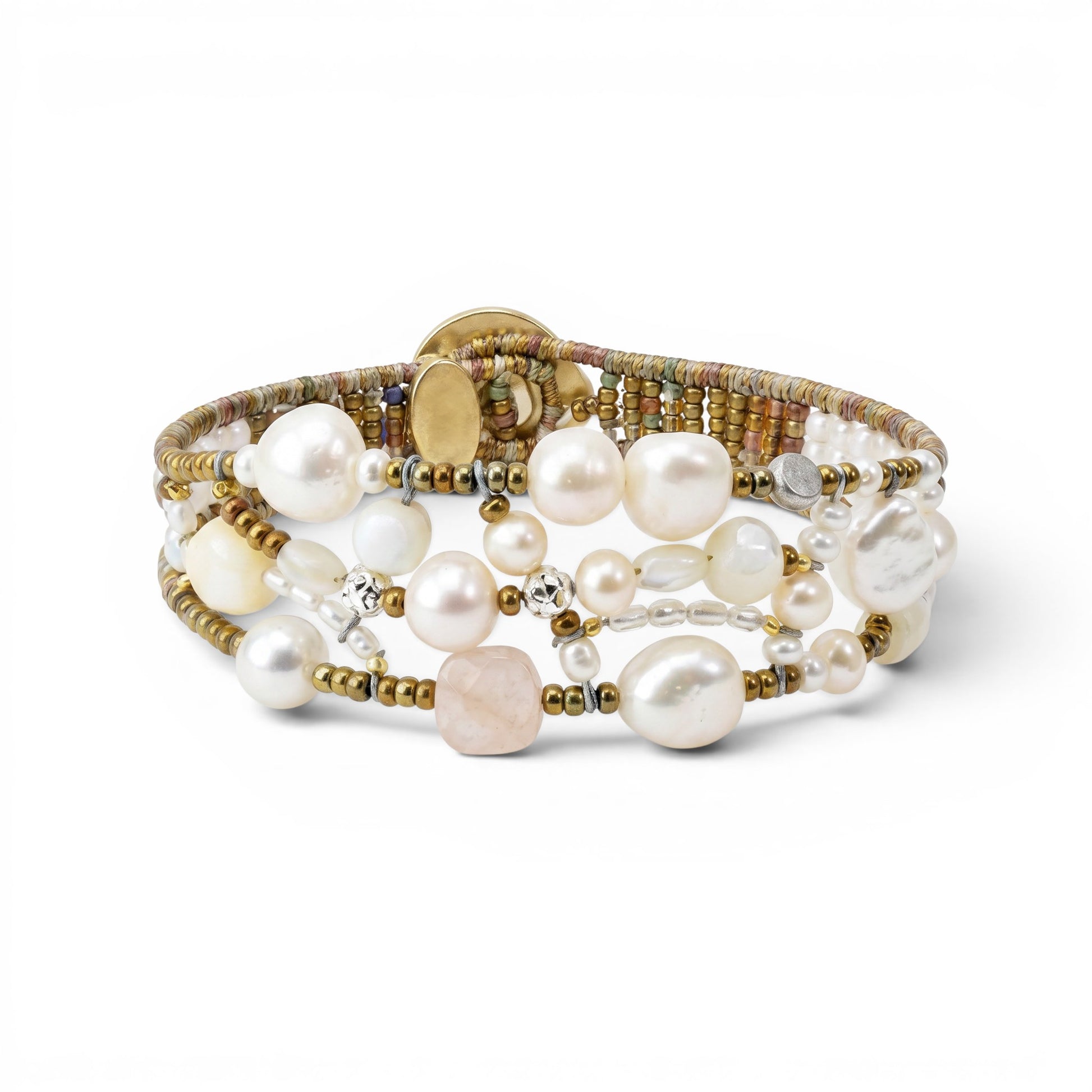 Trebor Style Ziio Shinju cuff bracelet featuring white pearls, pink morganite, and Murano glass beads on wire.