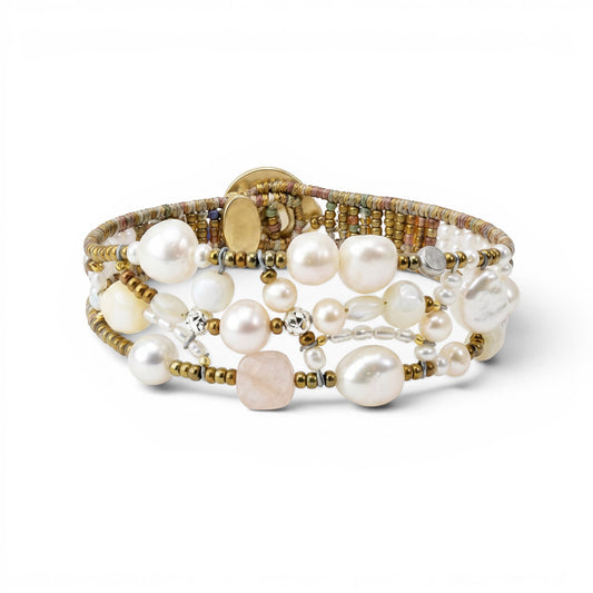 Trebor Style Ziio Shinju cuff bracelet featuring white pearls, pink morganite, and Murano glass beads on wire.