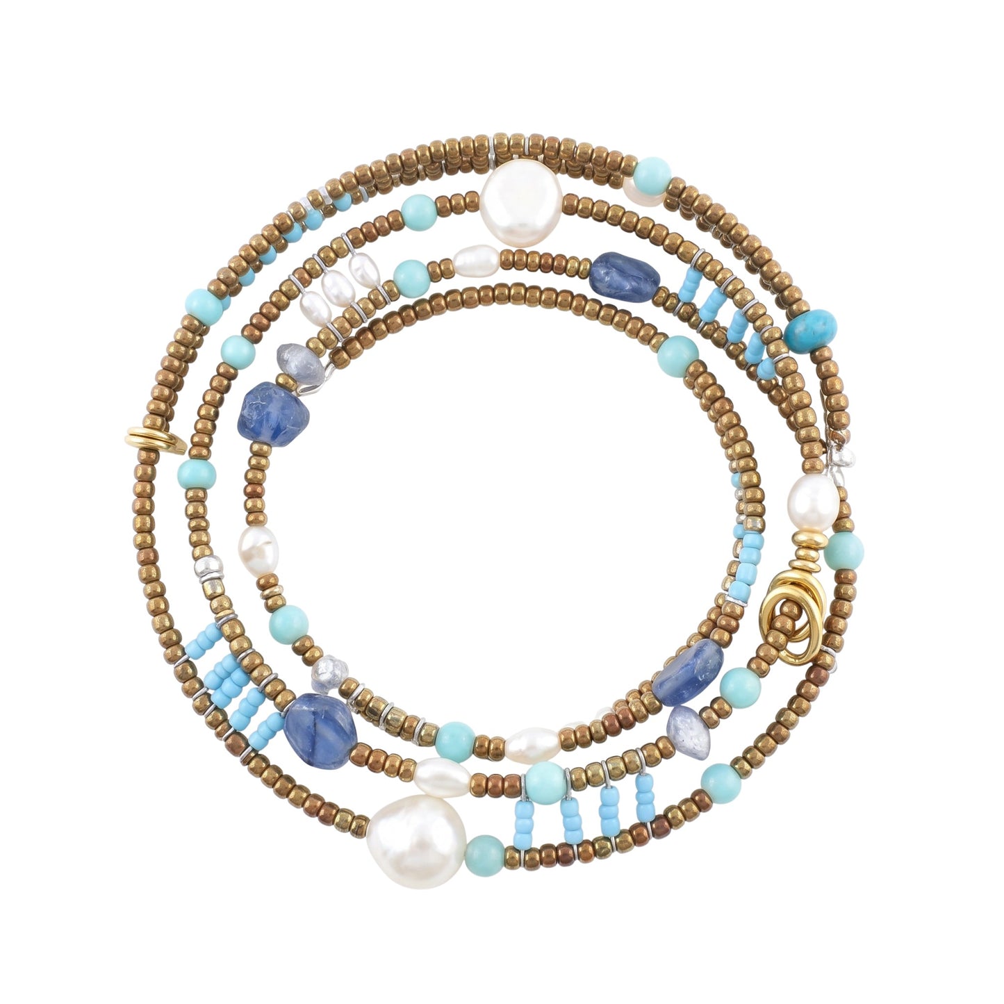 Trebor Style Ziio Shinju Boa wrap bracelet featuring turquoise, amazonite, kyanite, and white pearls on wire.