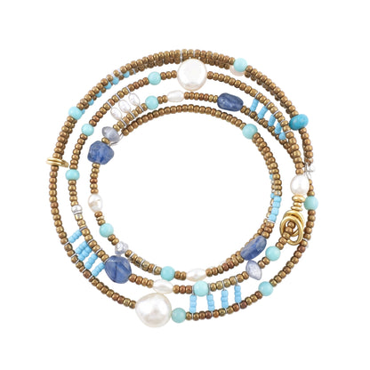 Trebor Style Ziio Shinju Boa wrap bracelet featuring turquoise, amazonite, kyanite, and white pearls on wire.