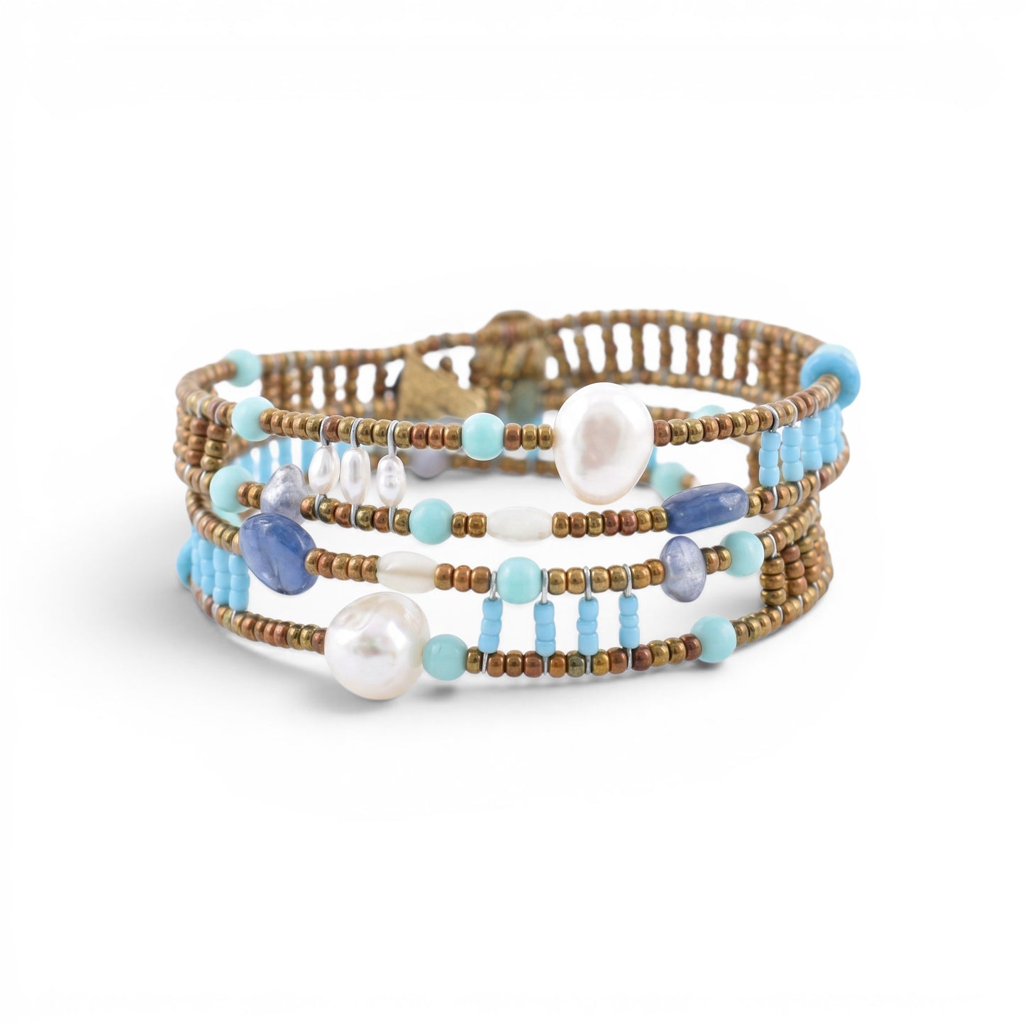 Trebor Style Ziio Shinju Boa bracelet featuring turquoise, amazonite, and kyanite gemstones with white pearls.