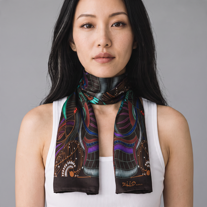 Trebor Style Ziio silk satin tube scarf with black jungle print worn by a woman against a grey background