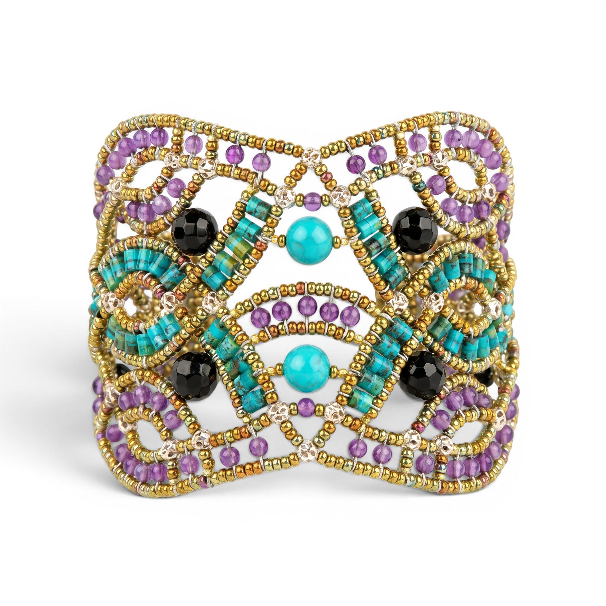 Trebor Style Ziio handcrafted cuff bracelet featuring blue turquoise, purple amethyst, and golden Murano glass beads.
