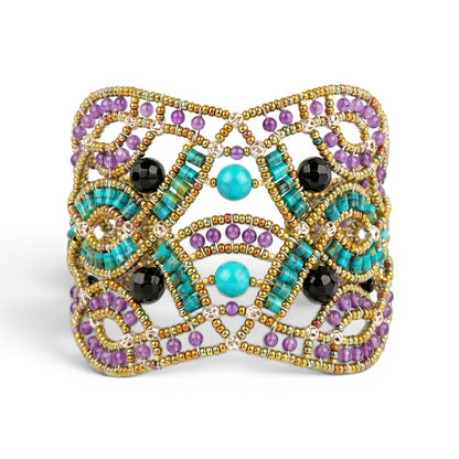 Trebor Style Ziio handcrafted cuff bracelet featuring blue turquoise, purple amethyst, and golden Murano glass beads.