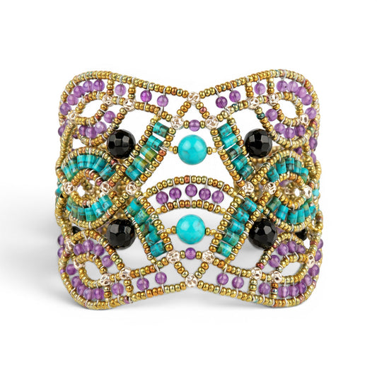 Trebor Style Ziio handcrafted cuff bracelet featuring blue turquoise, purple amethyst, and golden Murano glass beads.