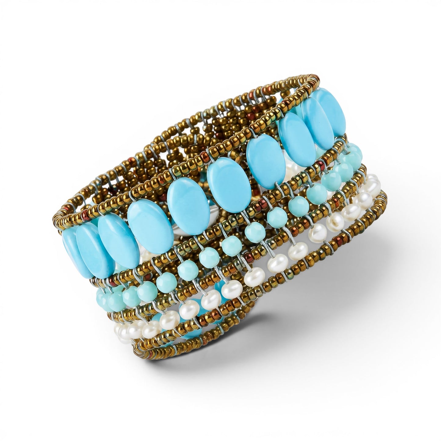 Trebor Style Ziio cuff bracelet featuring imitation turquoise, white pearls, and Murano glass beads on a white background