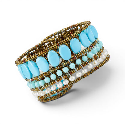 Trebor Style Ziio cuff bracelet featuring imitation turquoise, white pearls, and Murano glass beads on a white background