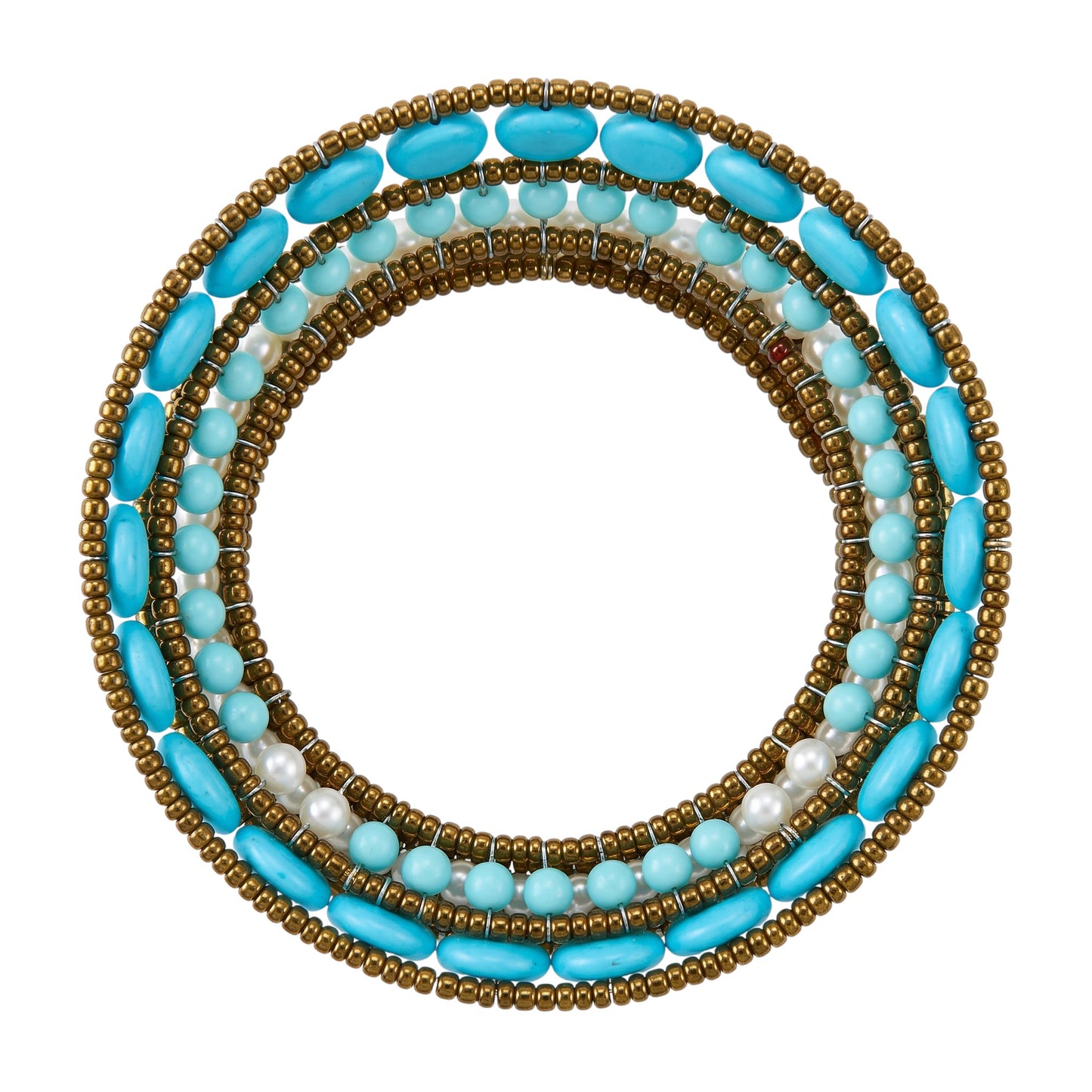 Trebor Style Ziio cuff bracelet featuring imitation turquoise, white pearls, and Murano glass beads on a white background