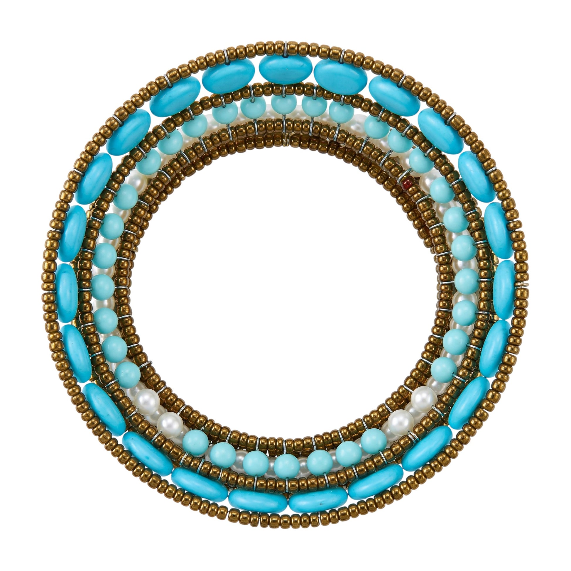 Trebor Style Ziio cuff bracelet featuring imitation turquoise, white pearls, and Murano glass beads on a white background