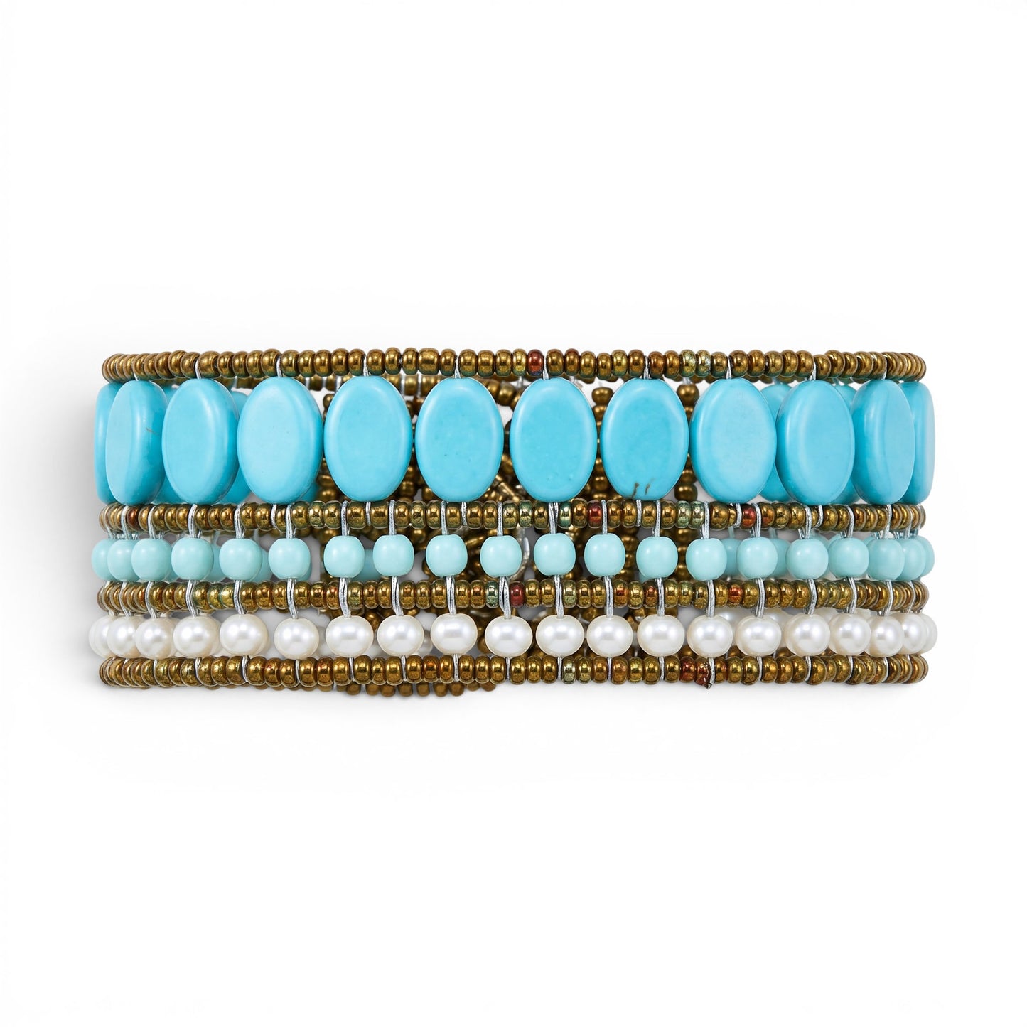 Trebor Style Ziio cuff bracelet featuring turquoise imitation stones, white pearls, and Murano glass beads.
