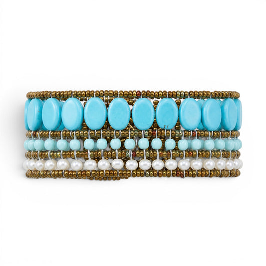 Trebor Style Ziio cuff bracelet featuring turquoise imitation stones, white pearls, and Murano glass beads.