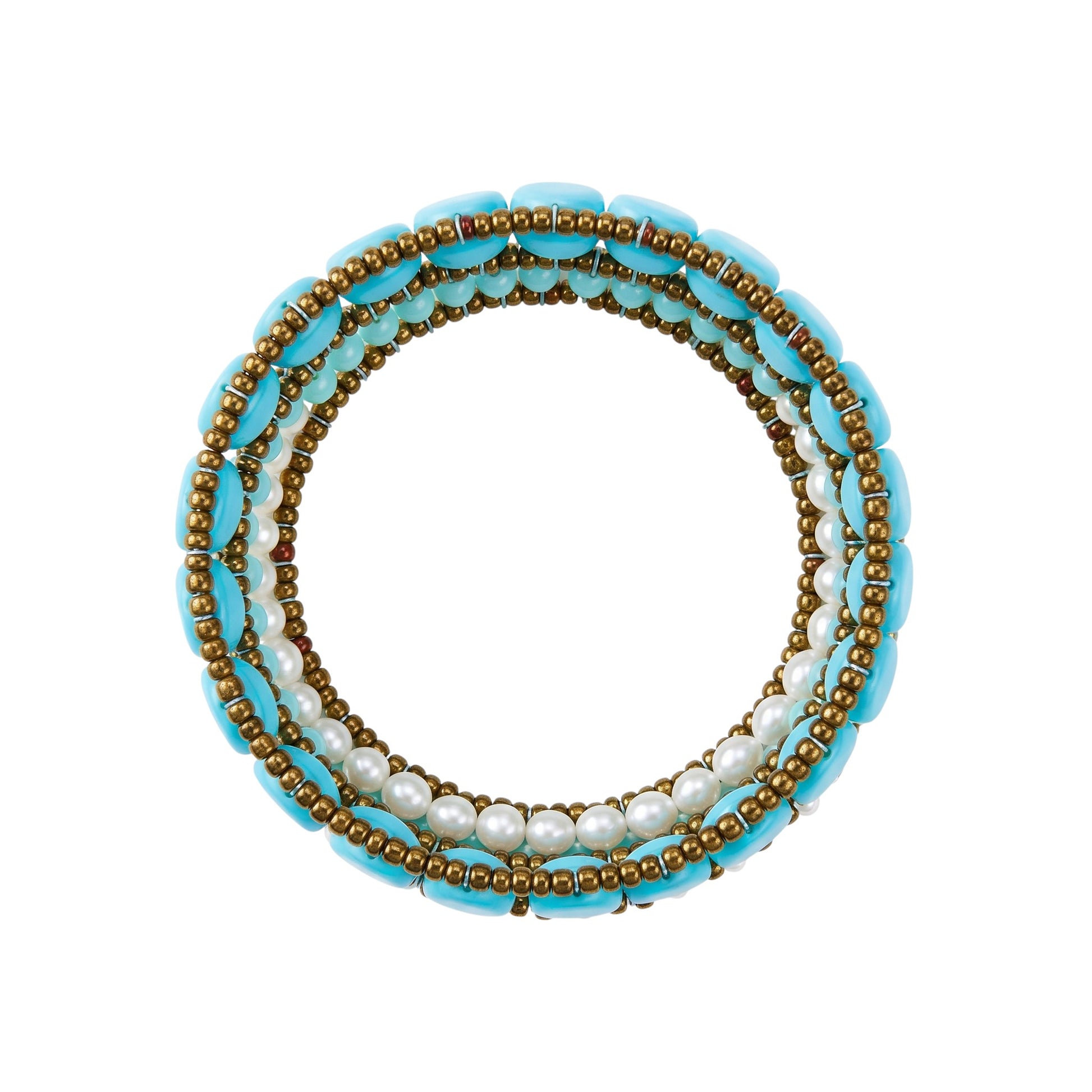 Trebor Style Ziio cuff bracelet featuring turquoise imitation beads, white pearls, and Murano glass, handcrafted.