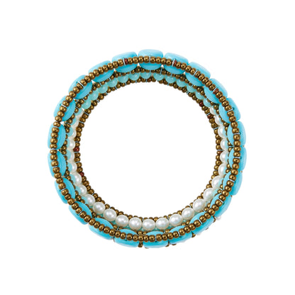 Trebor Style Ziio cuff bracelet featuring turquoise imitation beads, white pearls, and Murano glass, handcrafted.