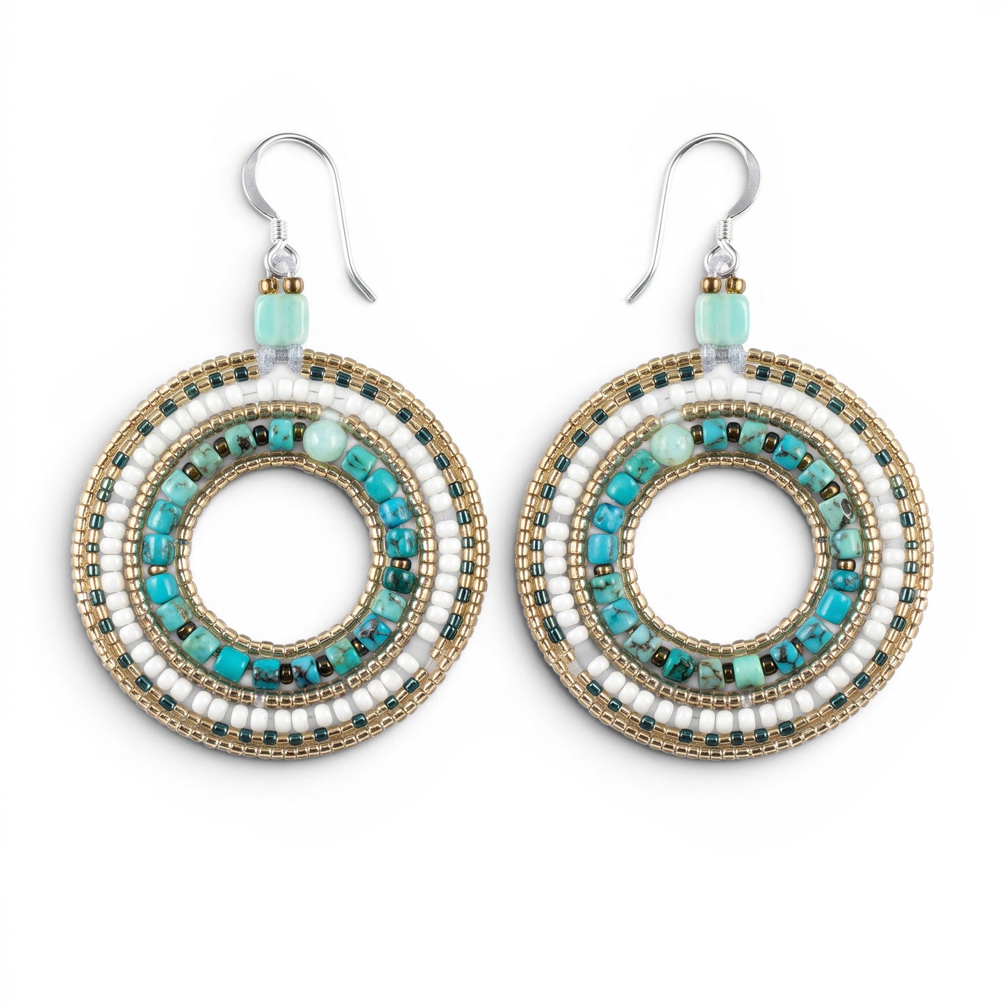 Trebor Style Ziio O drop earrings featuring blue turquoise, white pearls, and green chrysophrase on gold seed beads.
