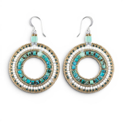 Trebor Style Ziio O drop earrings featuring blue turquoise, white pearls, and green chrysophrase on gold seed beads.