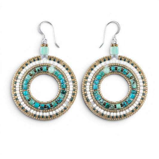 Trebor Style Ziio O drop earrings featuring blue turquoise, white pearls, and green chrysophrase on gold seed beads.