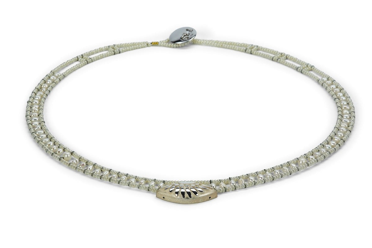 Trebor Style Ziio white pearl necklace with Murano glass beads and a central sterling silver pendant