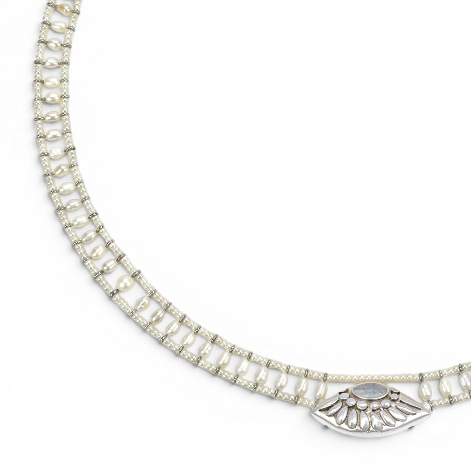 Trebor Style Ziio white pearl necklace with Murano glass beads and a handcrafted sterling silver pendant.