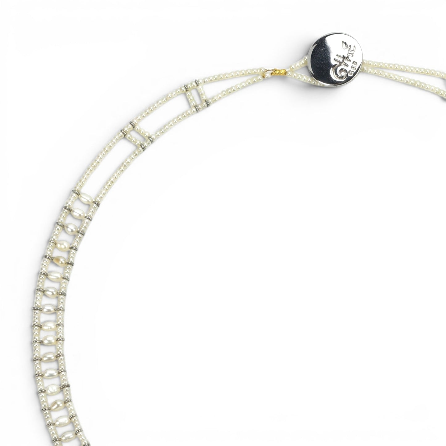 Trebor Style Ziio white pearl necklace with Murano glass beads and a central sterling silver pendant on white background