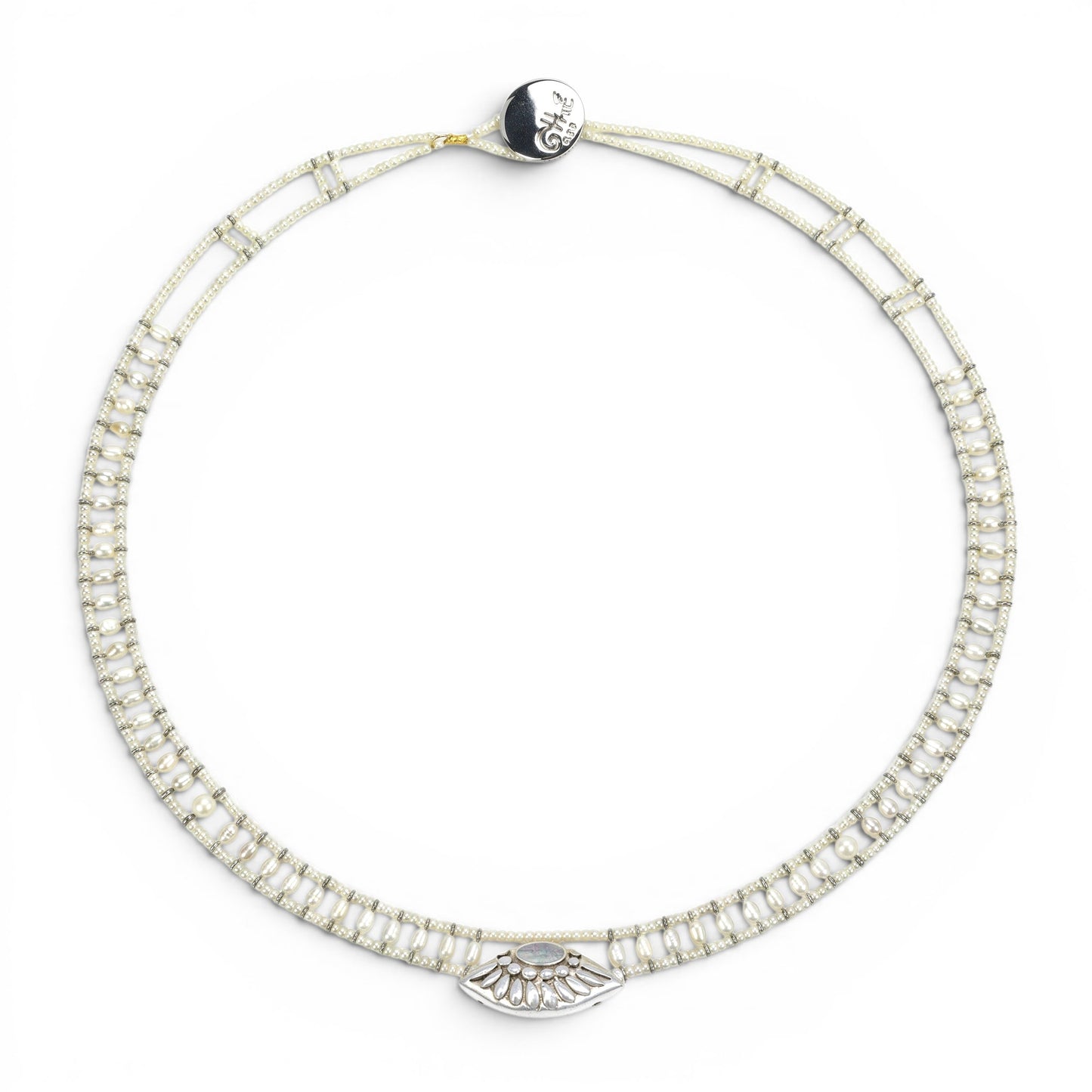 Trebor Style Ziio handcrafted white pearl necklace with a sterling silver pendant and Murano glass bead accents.