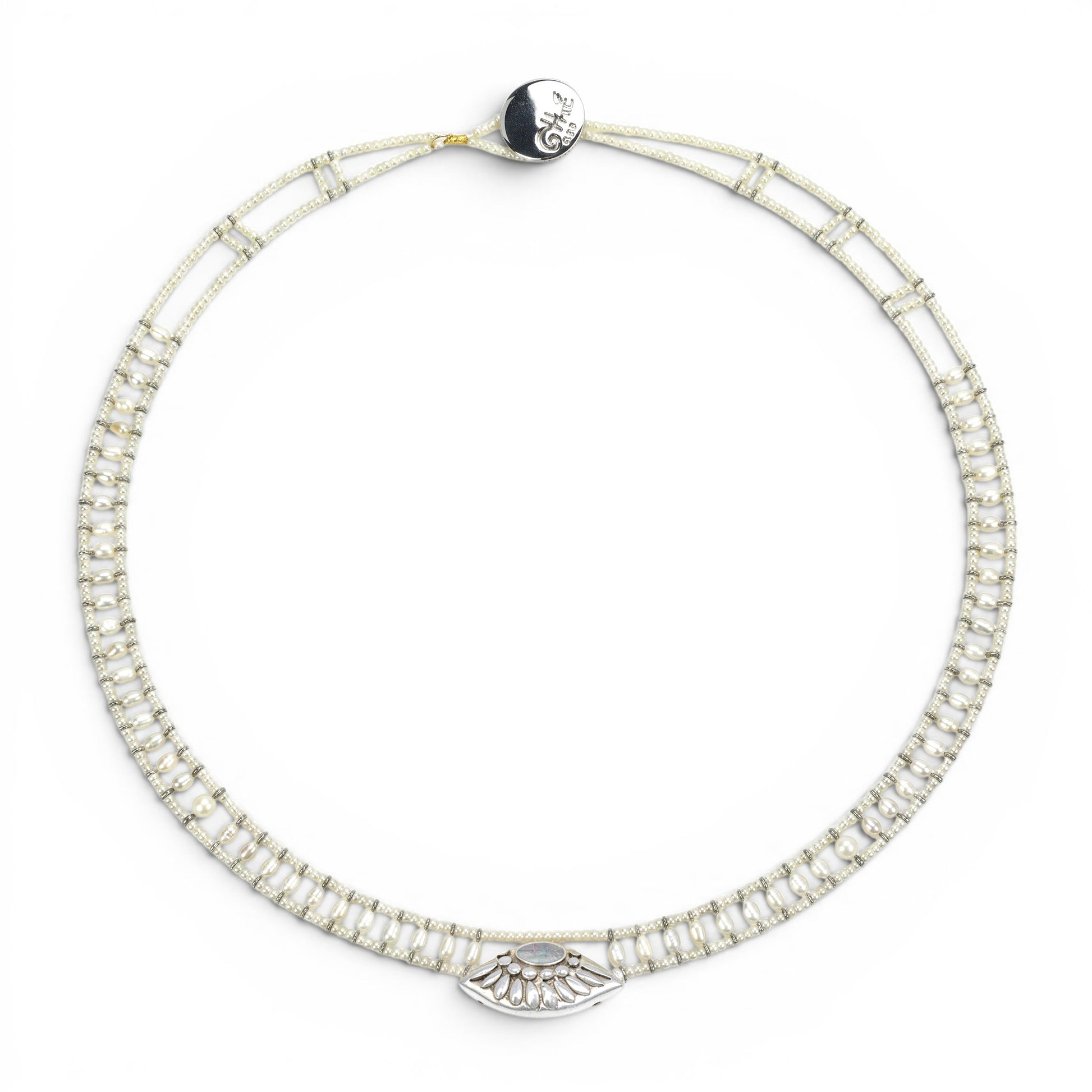 Trebor Style Ziio handcrafted white pearl necklace with a sterling silver pendant and Murano glass bead accents.