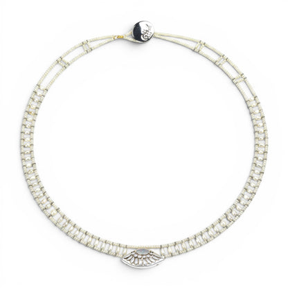 Trebor Style Ziio handcrafted white pearl necklace with a sterling silver pendant and Murano glass bead accents.