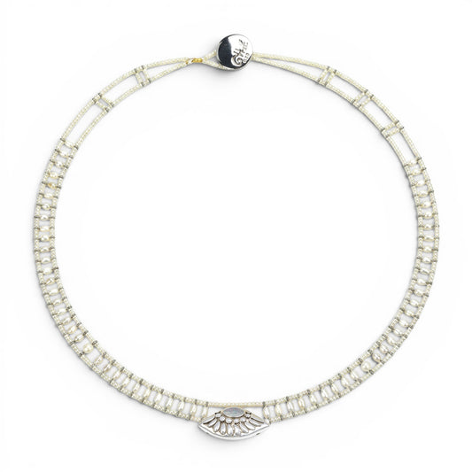 Trebor Style Ziio handcrafted white pearl necklace with a sterling silver pendant and Murano glass bead accents.