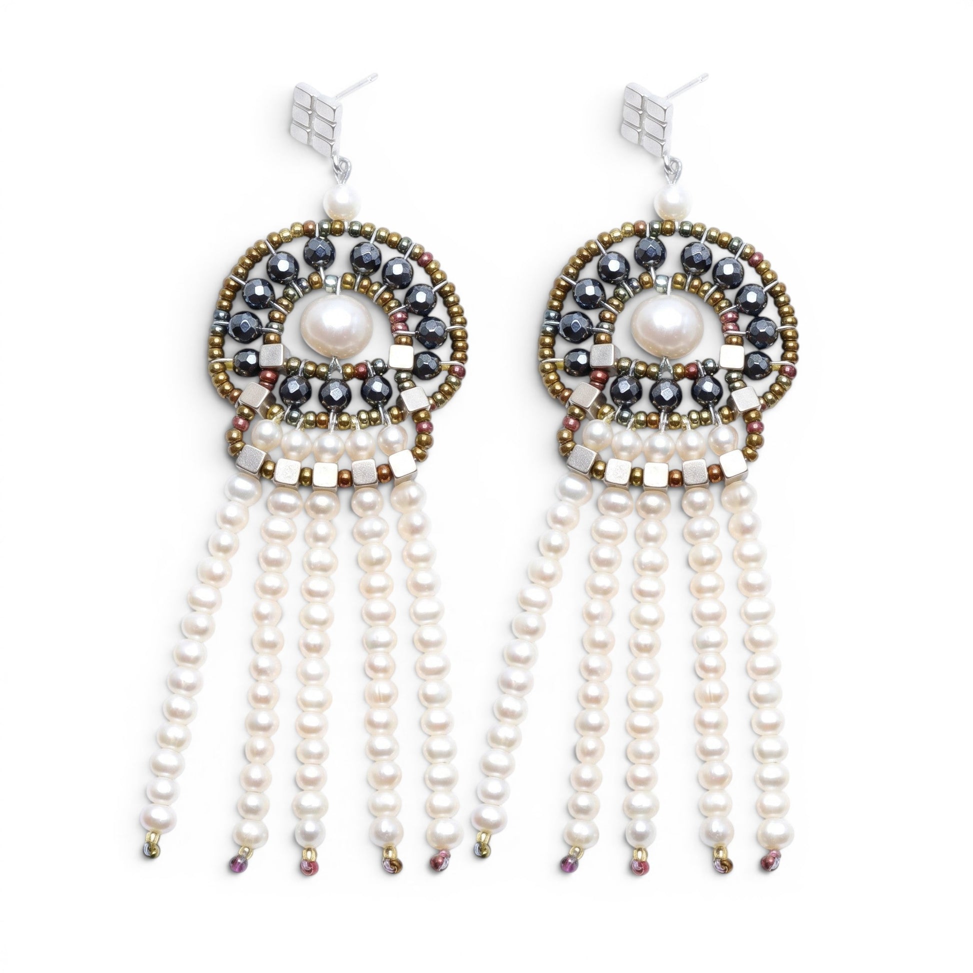 Trebor Style Ziio long white pearl tassel chandelier earrings with pyrite, Murano glass beads, and sterling silver posts.