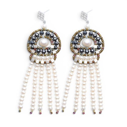 Trebor Style Ziio long white pearl tassel chandelier earrings with pyrite, Murano glass beads, and sterling silver posts.